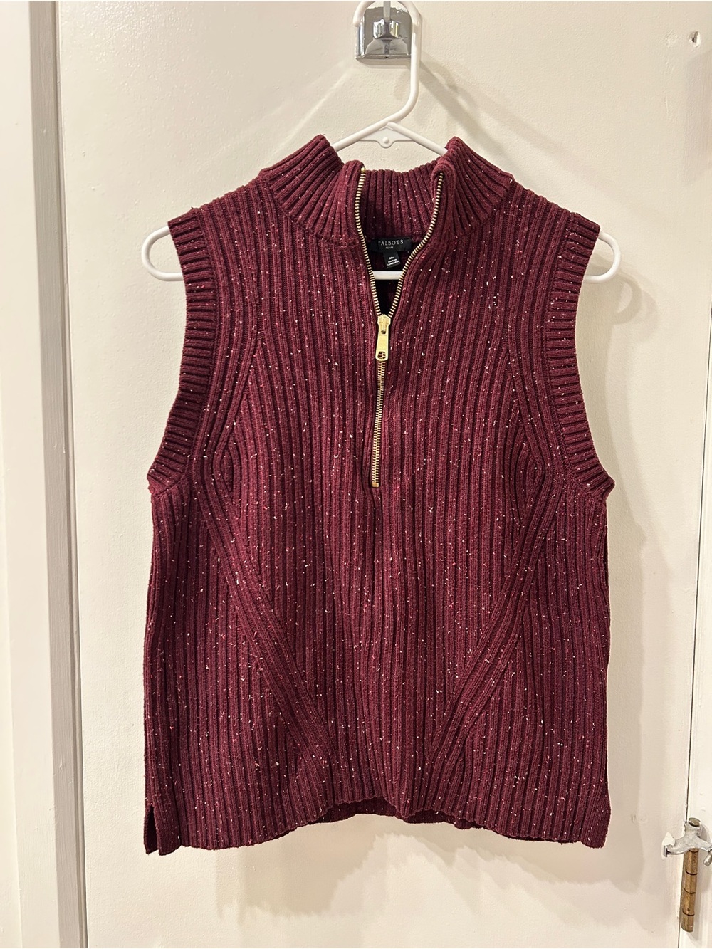 Talbots Sleeveless Rib-Knit Zip Mock Neck Sweater Vest - Merlot